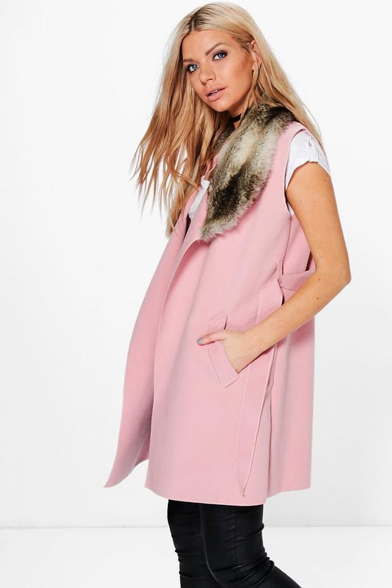 Faith Faux Fur Collar Sleeveless Wool Look Coat